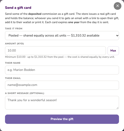 The Send a gift card form: source, amount, recipient and message