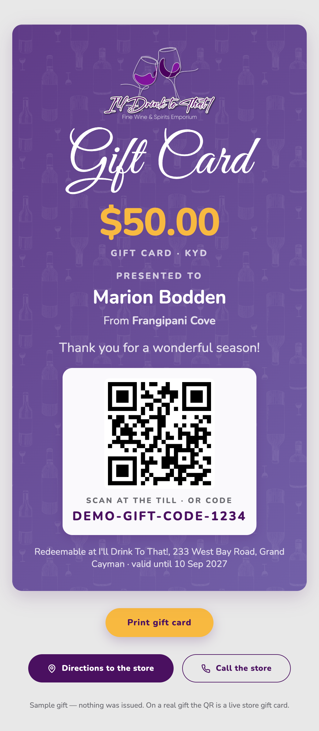 The gift page: the card with its QR code, wallet button and print button
