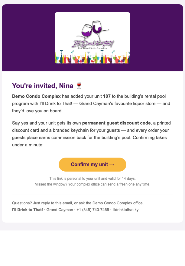 The invitation email the owner receives, with its confirm button
