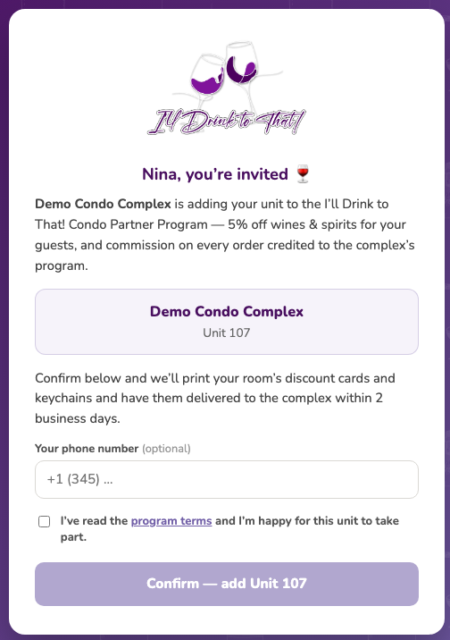The owner's confirmation page: unit shown, optional phone, terms tick and confirm button