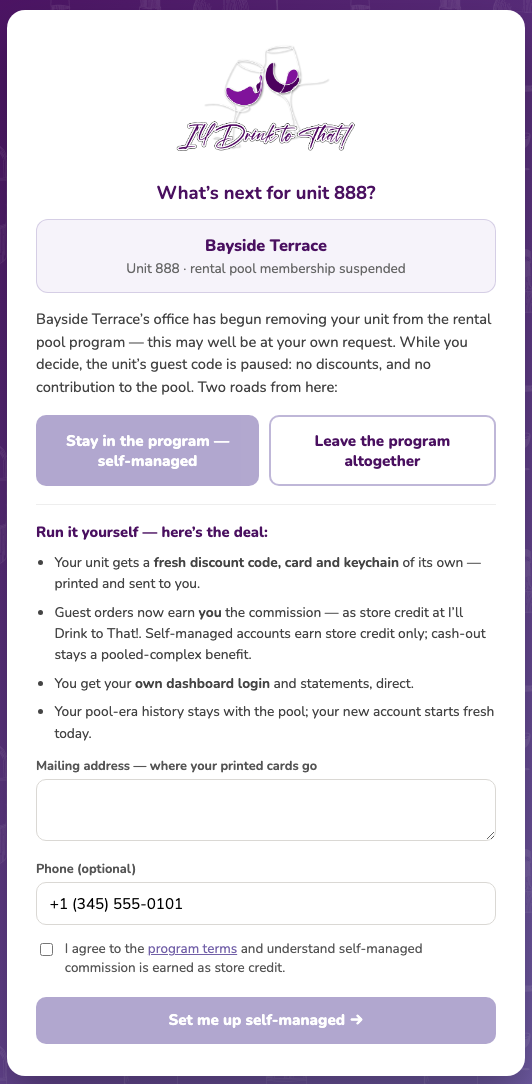 The owner's decision page offering self-managed or leaving altogether