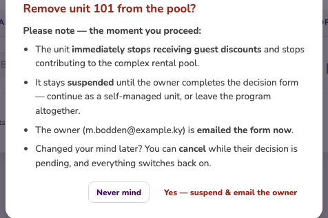 The removal confirmation box listing exactly what happens the moment you proceed