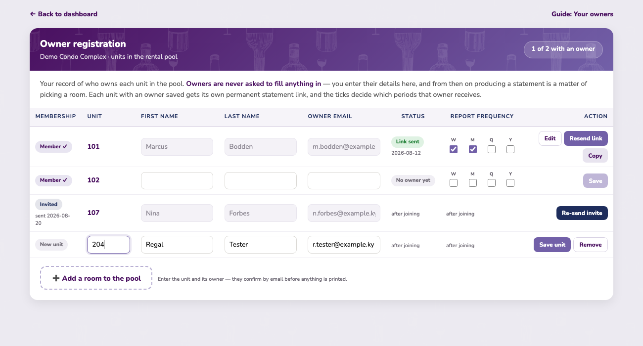 The owner registration roster showing a member row, a pending invitation and a new unit being added