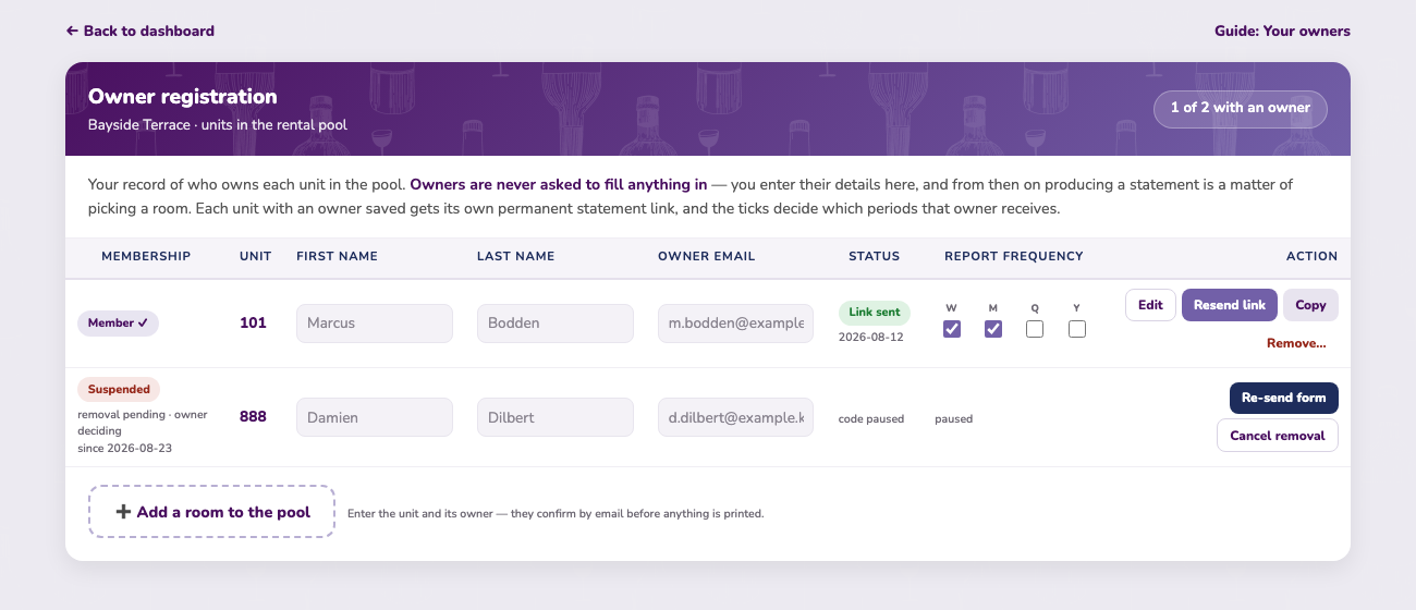 A suspended unit on the roster with re-send form and cancel removal buttons